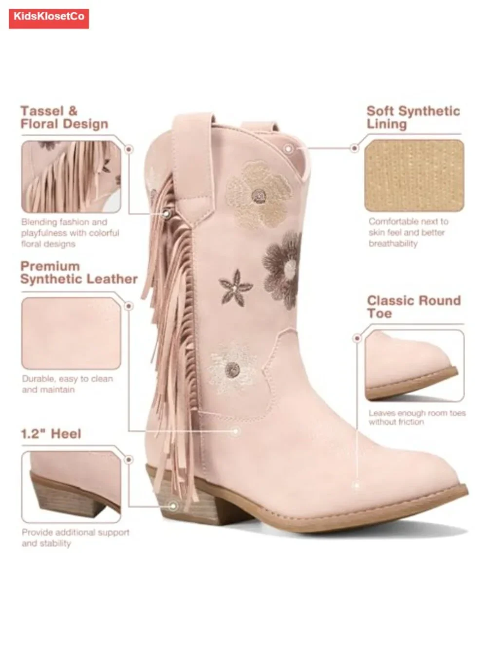 Girls Cowboy Boots with Tassel, Floral Embroidered Western Boots for